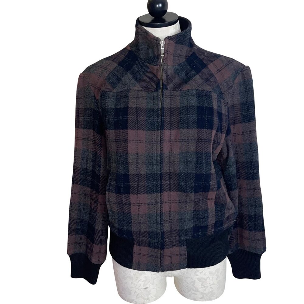 Prana Womens Jacket Size Large Multicolor Plaid Full Zip Mock Neck Pockets
